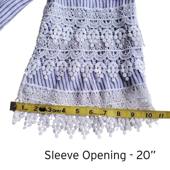 Saks Fifth Avenue 100& Linen Off-or on-Shoulder Blue Striped Lace Blouse Size M - Picture 14 of 16